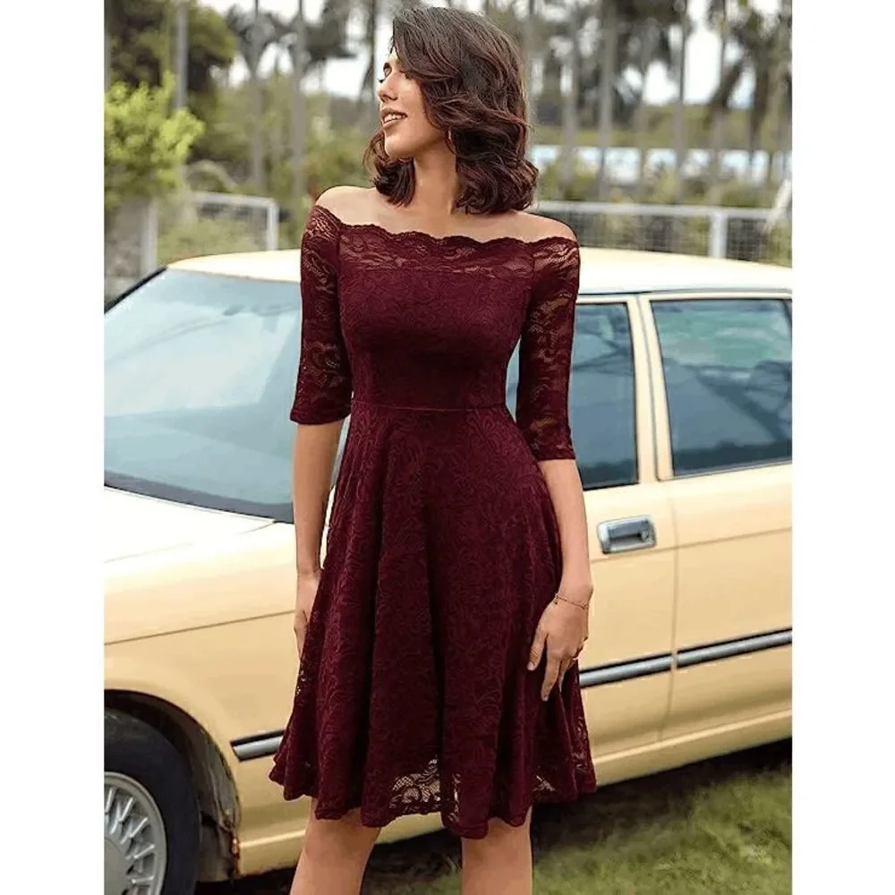 NWT Off Shoulder 3/4 Sleeve Retro Lace Cocktail Formal Bridesmaid Dress SIZE M